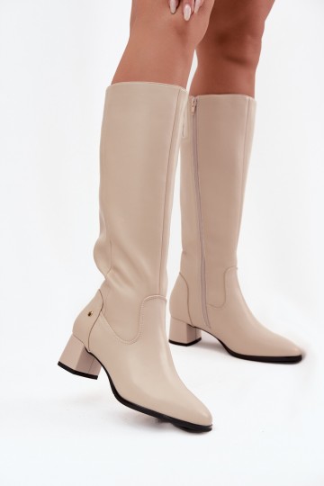 Bottes beiges isolées pour femmes au-dessus du genou en cuir avec talons 2