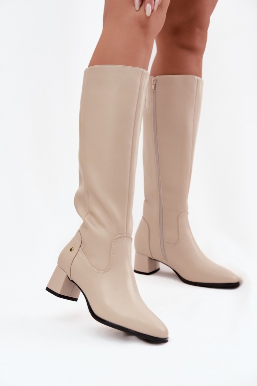 Bottes beiges isolées pour femmes au-dessus du genou en cuir avec talons