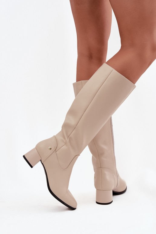 Bottes beiges isolées pour femmes au-dessus du genou en cuir avec talons