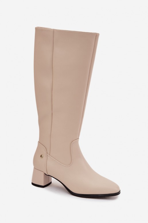 Bottes beiges isolées pour femmes au-dessus du genou en cuir avec talons
