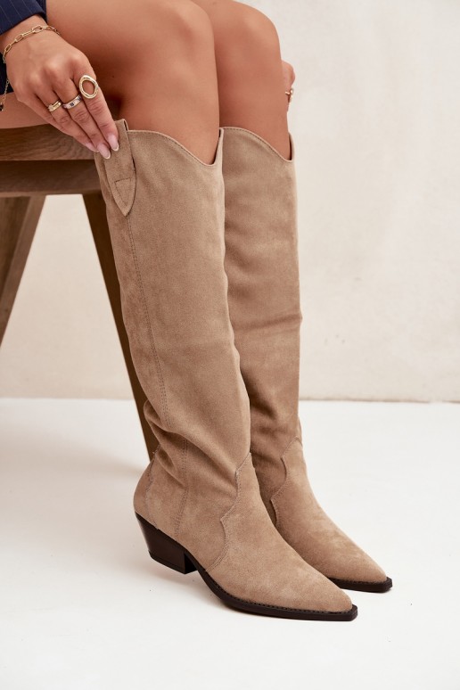 Bottes longues cowboy en faux daim sand avec talons Jovianne