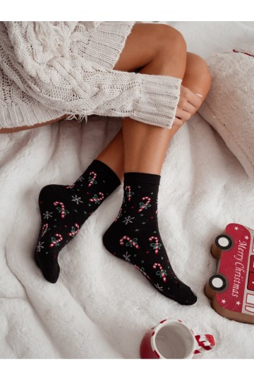 Chaussettes noires pour femmes avec des cannes de Noël et des flocons de neige