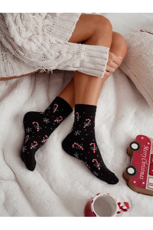 Chaussettes noires pour femmes avec des cannes de Noël et des flocons de neige