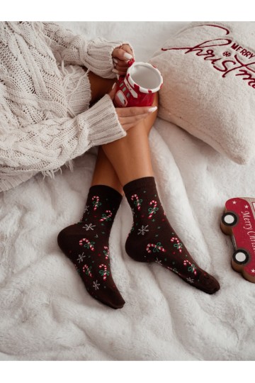 Chaussettes chocolat pour femmes avec des cannes de Noël et des flocons de neige