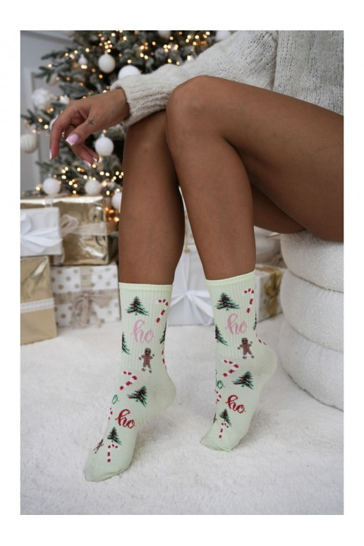Chaussettes pistache pour femmes avec des sapins de Noël Ho Ho Ho