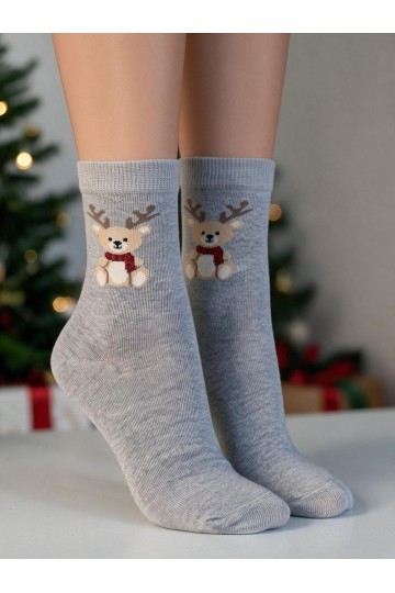 Chaussettes pour enfants avec un ours en peluche de Noël et des bois en gris