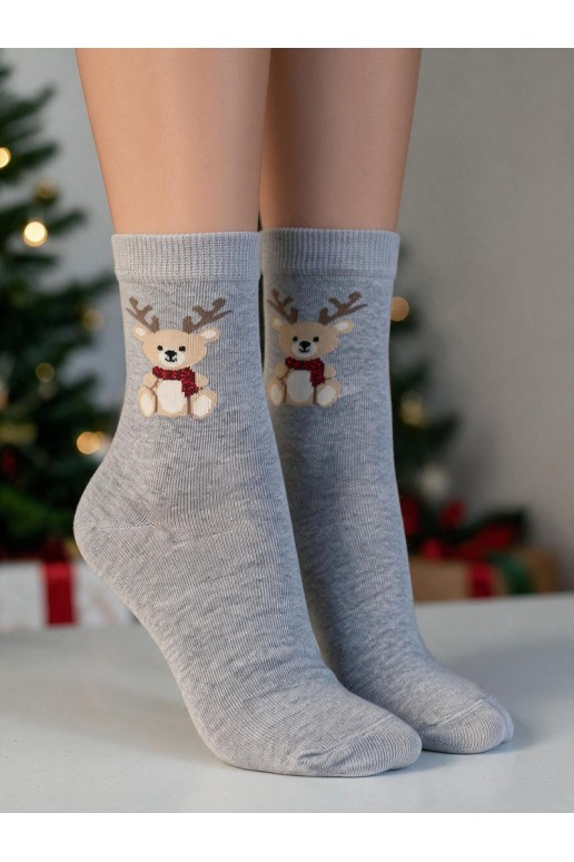 Chaussettes pour enfants avec un ours en peluche de Noël et des bois en gris