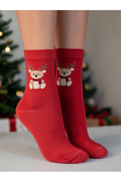 Chaussettes pour enfants avec un ours en peluche de Noël et des bois en rouge