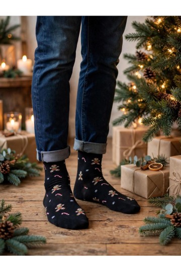 Chaussettes pour hommes avec des cannes en sucre de Noël et des biscuits en noir