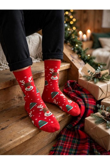 Chaussettes pour hommes avec des rennes souriants et des sapins en rouge