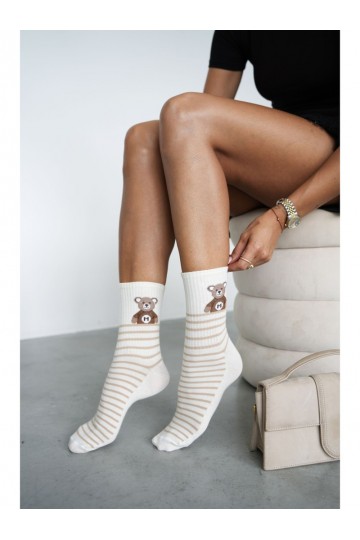 Chaussettes pour femmes avec des ours en peluche et des rayures en ivoire