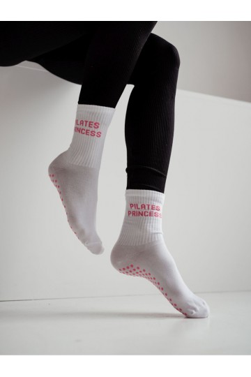 Chaussettes femme antidérapantes PILATES PRINCESS blanches avec motifs roses