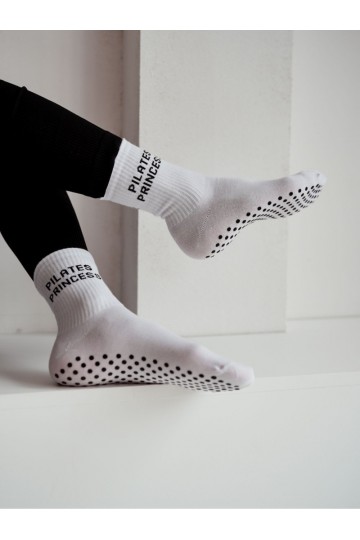 Chaussettes femme antidérapantes PILATES PRINCESS blanches avec motifs noirs