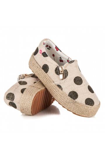 Vaikiški madingi kreminės spalvos tekstiliniai batai su dekoratyviniu užtrauktuku ir juodais taškeliais K1645004NE  - 2