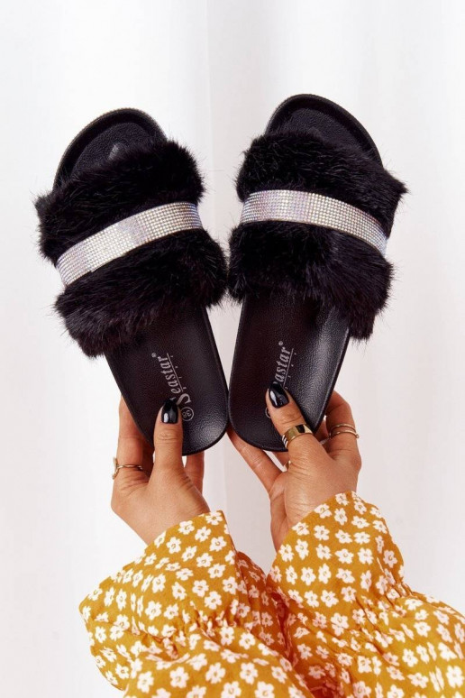 Chaussons à plateforme avec fourrure de couleur noire Impress