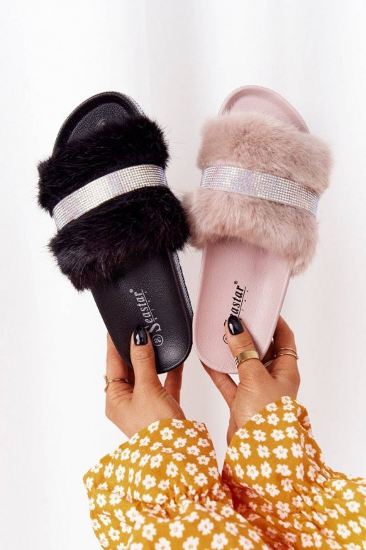 Chaussons à plateforme avec fourrure de couleur noire Impress