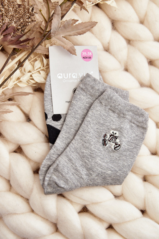 Chaussettes en coton gris clair avec ours en peluche