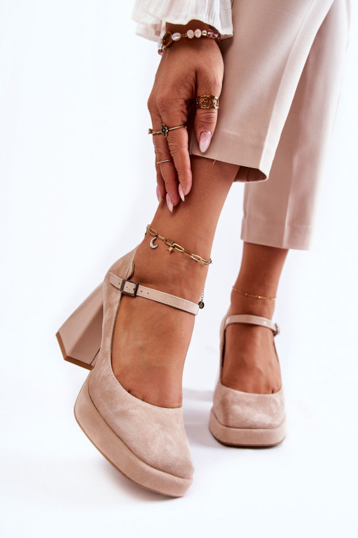 Chaussures en daim à talon large beige Tina