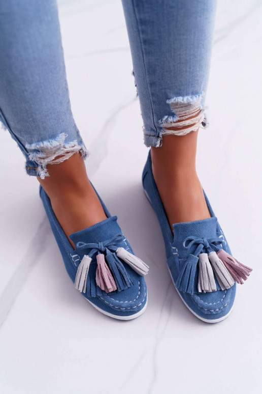 Mocassins en daim à pompons bleu Dorine