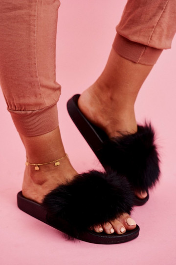 Chaussons avec fourrure de couleur noire Belmondo