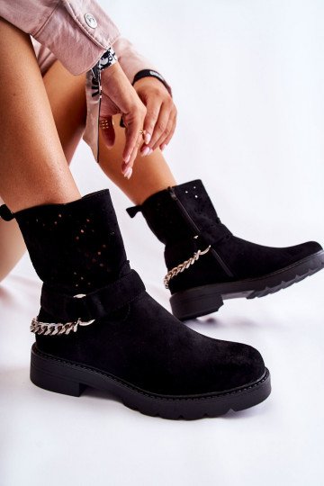 Bottines ajourées avec fermetures éclair et chaînes en Chantelle noire