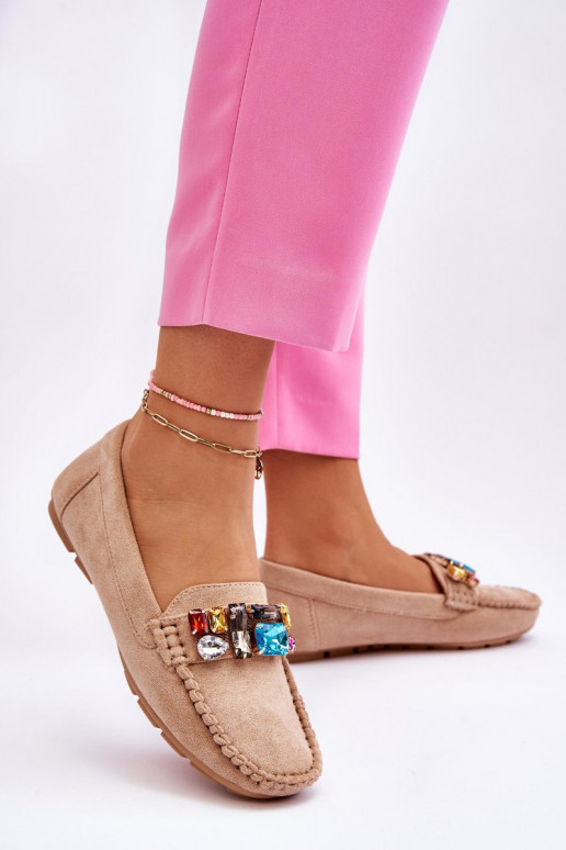 Mocassins élégants en daim avec œillets brillants en beige Lucille