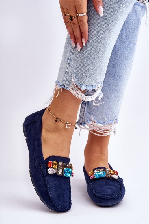 Mocassins élégants en daim avec œillets brillants en bleu foncé Lucille