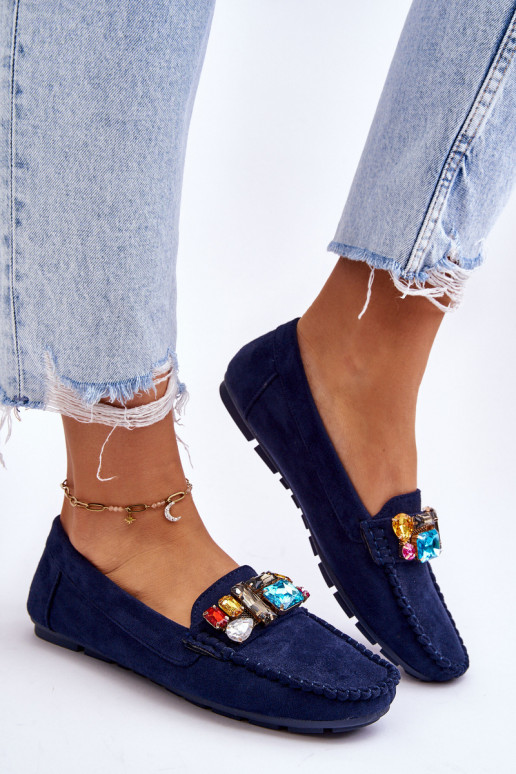 Mocassins élégants en daim avec œillets brillants en bleu foncé Lucille