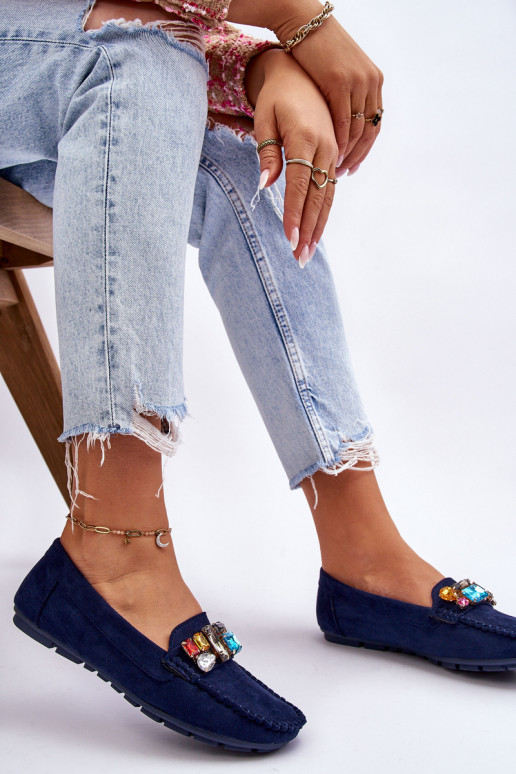 Mocassins élégants en daim avec œillets brillants en bleu foncé Lucille