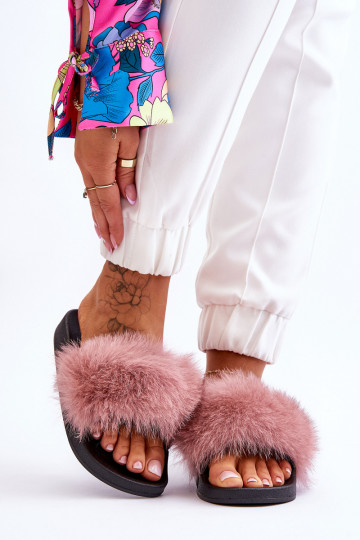 Pantoufles élégantes en caoutchouc avec fourrure de couleur rose Lucrece
