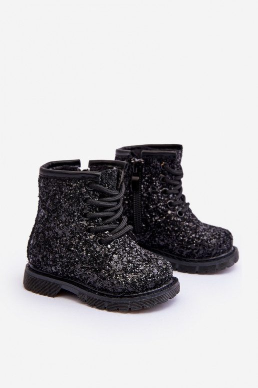 Bottes brillantes pour enfants, chauffées avec fermetures éclair, couleur noire Saussa