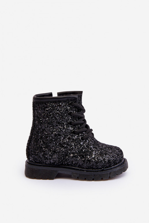 Bottes brillantes pour enfants, chauffées avec fermetures éclair, couleur noire Saussa