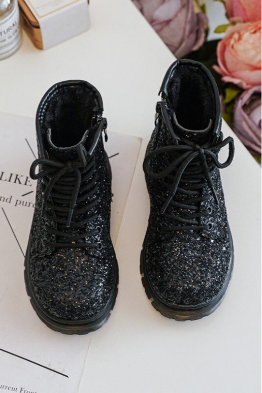 Bottes brillantes pour enfants, chauffées avec fermetures éclair, couleur noire Saussa