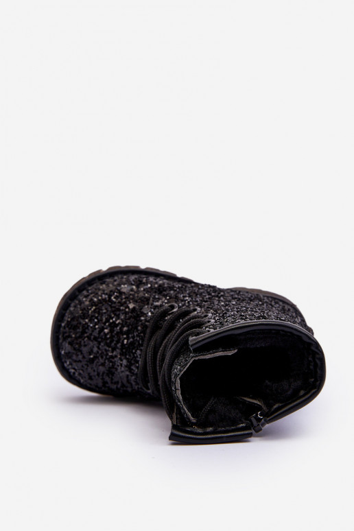 Bottes brillantes pour enfants, chauffées avec fermetures éclair, couleur noire Saussa
