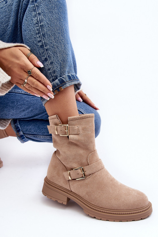 Bottines beiges Bliggore à talons larges et boucles pour femmes