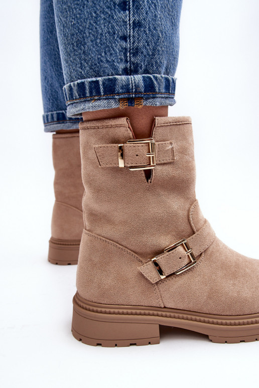 Bottines beiges Bliggore à talons larges et boucles pour femmes