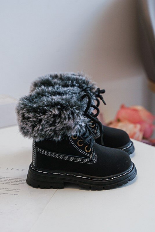 Bottines à lacets pour enfants avec fermetures éclair et fourrure en noir Gerande