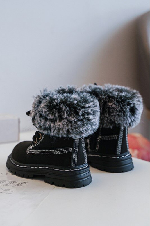 Bottines à lacets pour enfants avec fermetures éclair et fourrure en noir Gerande
