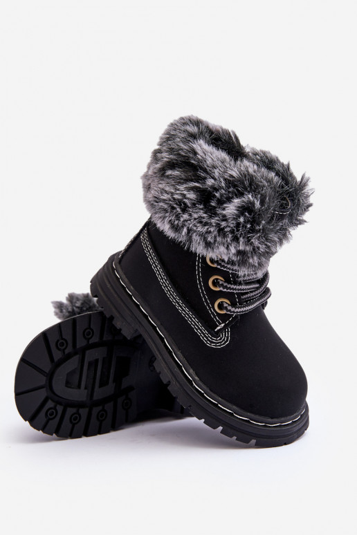 Bottines à lacets pour enfants avec fermetures éclair et fourrure en noir Gerande