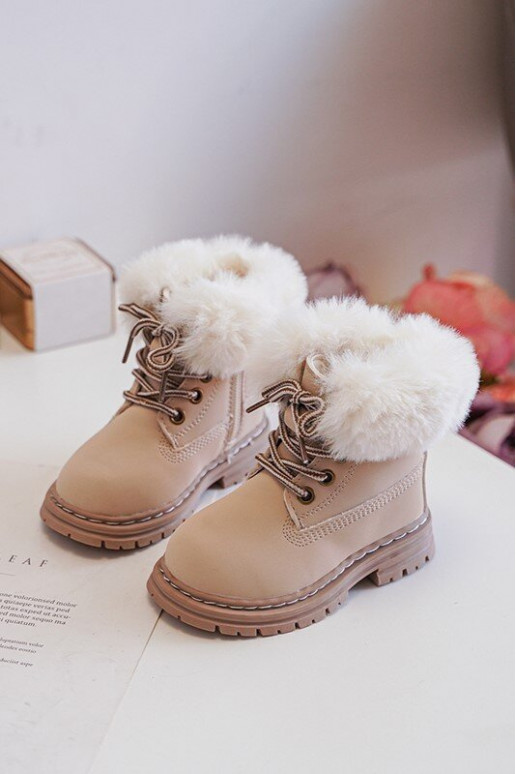 Bottines à lacets pour enfants avec fermetures éclair et fourrure beige Gerande