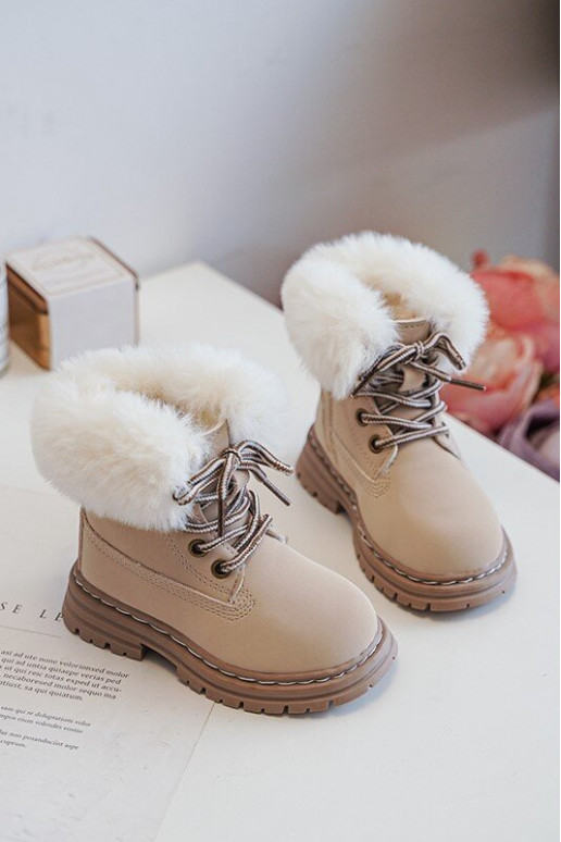 Bottines à lacets pour enfants avec fermetures éclair et fourrure beige Gerande
