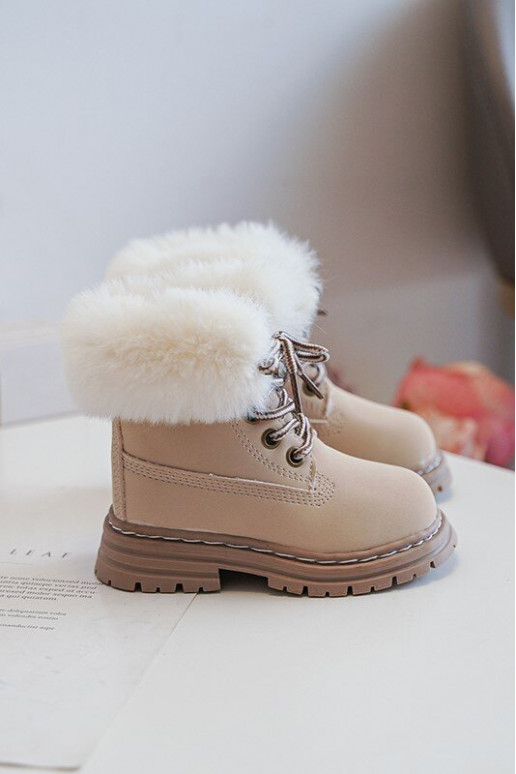 Bottines à lacets pour enfants avec fermetures éclair et fourrure beige Gerande