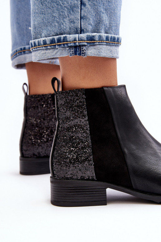 Bottines à talons larges avec écailles brillantes en noir Messio Bottines à talons larges avec écailles brillantes en noir Messio