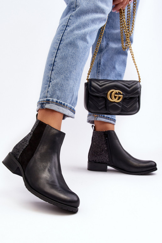 Bottines à talons larges avec écailles brillantes en noir Messio Bottines à talons larges avec écailles brillantes en noir Messio