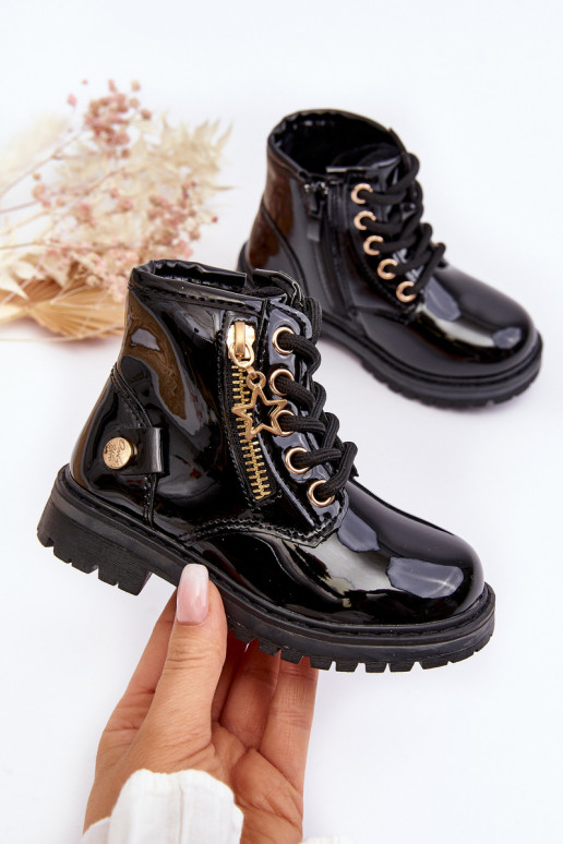 Bottines Enfants effet vernis avec fermetures éclair couleur noir réchauffé Felori
