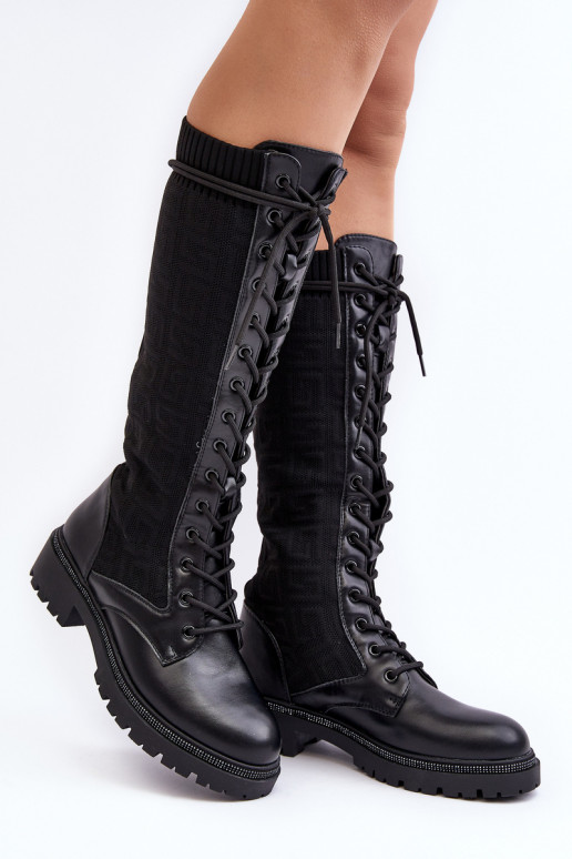 bottes à lacets pour femmes avec tige élastique en noir Virxinia
