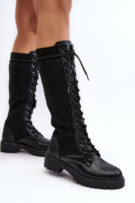 bottes à lacets pour femmes avec tige élastique en noir Virxinia