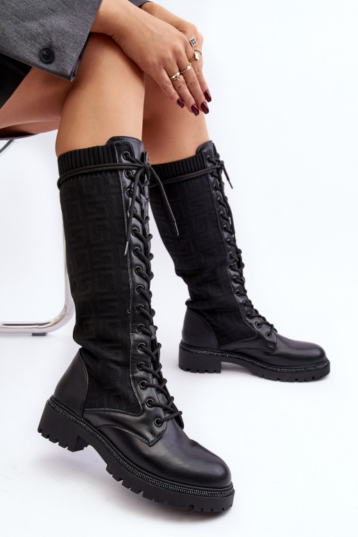 bottes à lacets pour femmes avec tige élastique en noir Virxinia
