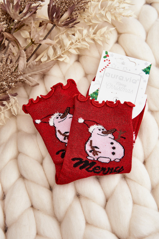 Chaussettes de Noël brillantes avec bonhommes de neige en rouge