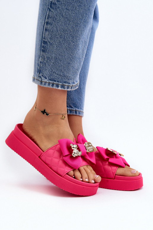 Chaussons femme avec nœud et ours fuchsia Katterina